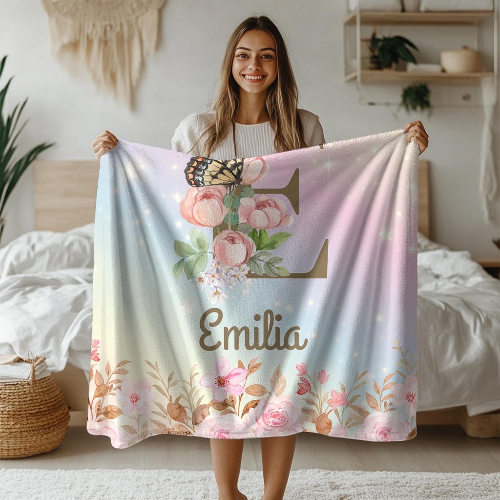 Custom Butterfly Initial Throw Blanket: Personalized Girl Gift