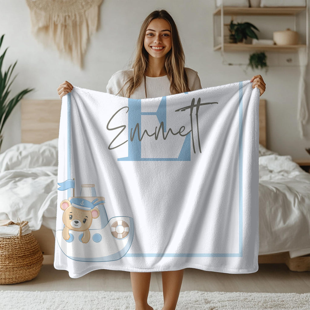Custom Boy Throw Blanket: Initial Letter, Plush Velveteen Flannel