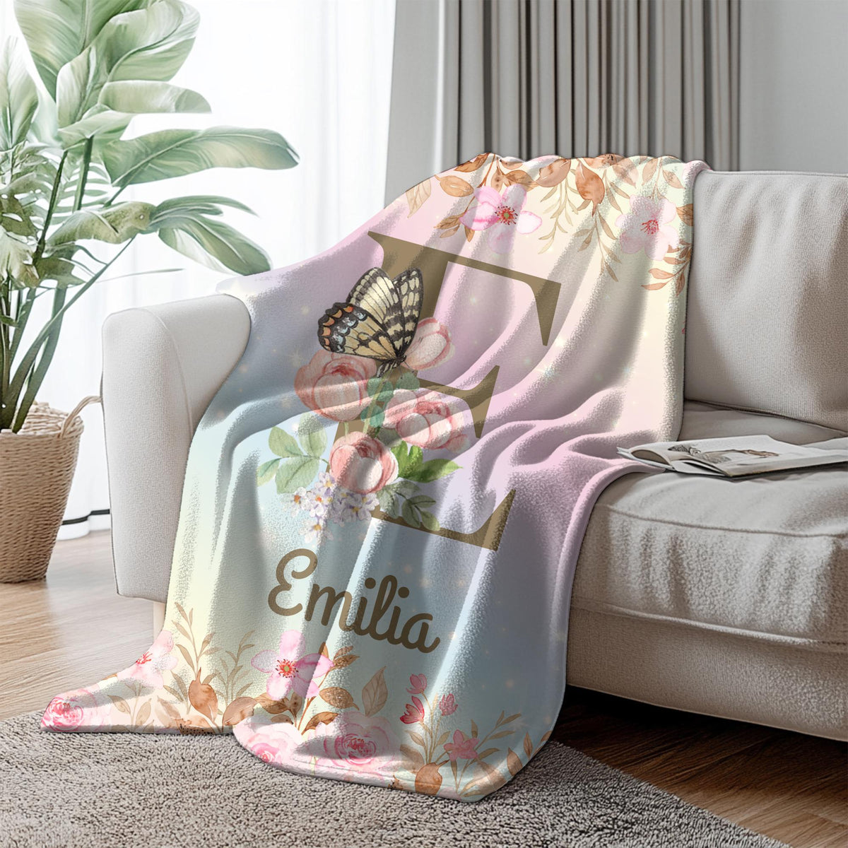 Custom Butterfly Initial Throw Blanket: Personalized Girl Gift