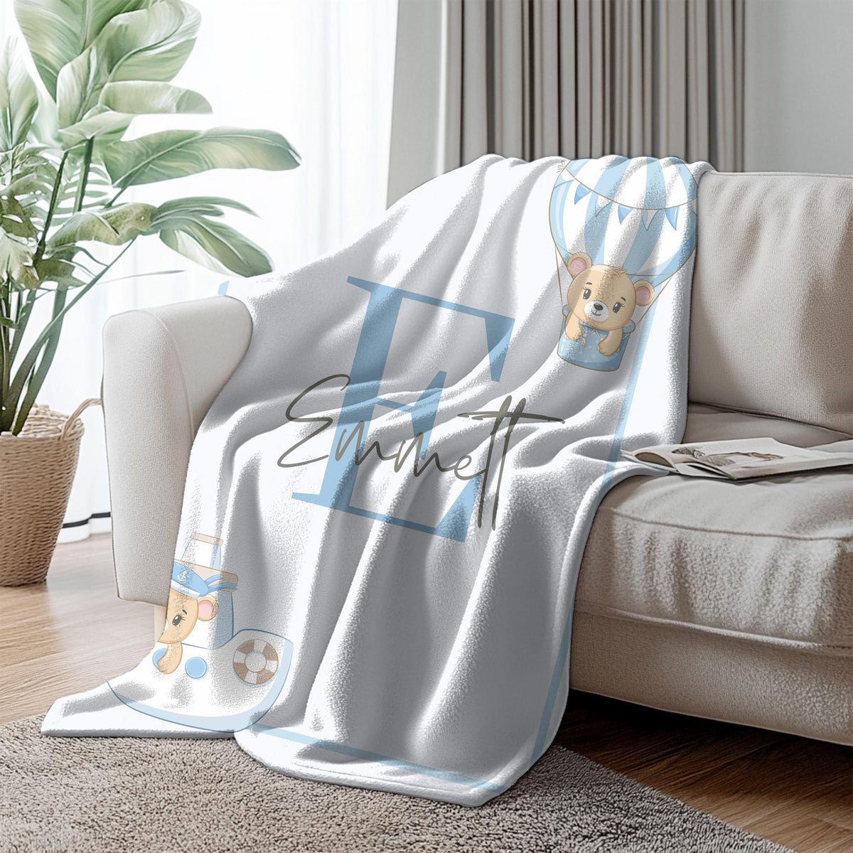 Custom Boy Throw Blanket: Initial Letter, Plush Velveteen Flannel