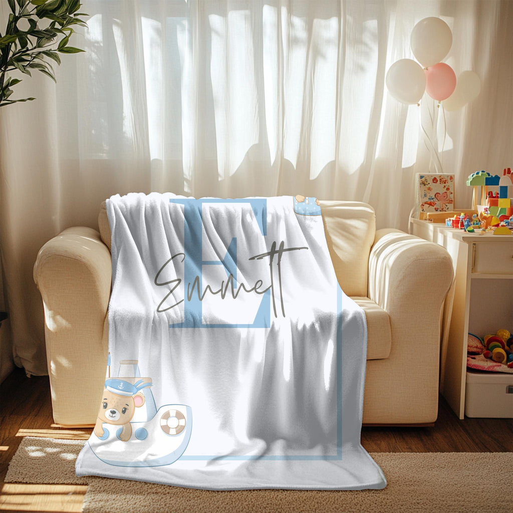 Custom Boy Throw Blanket: Initial Letter, Plush Velveteen Flannel