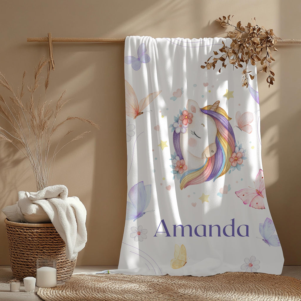 Custom Unicorn Throw Blanket, Monogram Blanket for Girls, Gift for Daughter, Niece, Butterfly Lover Present, Initial Letter F