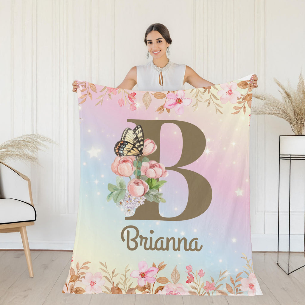 Custom Butterfly Initial Throw Blanket: Personalized Girl Gift