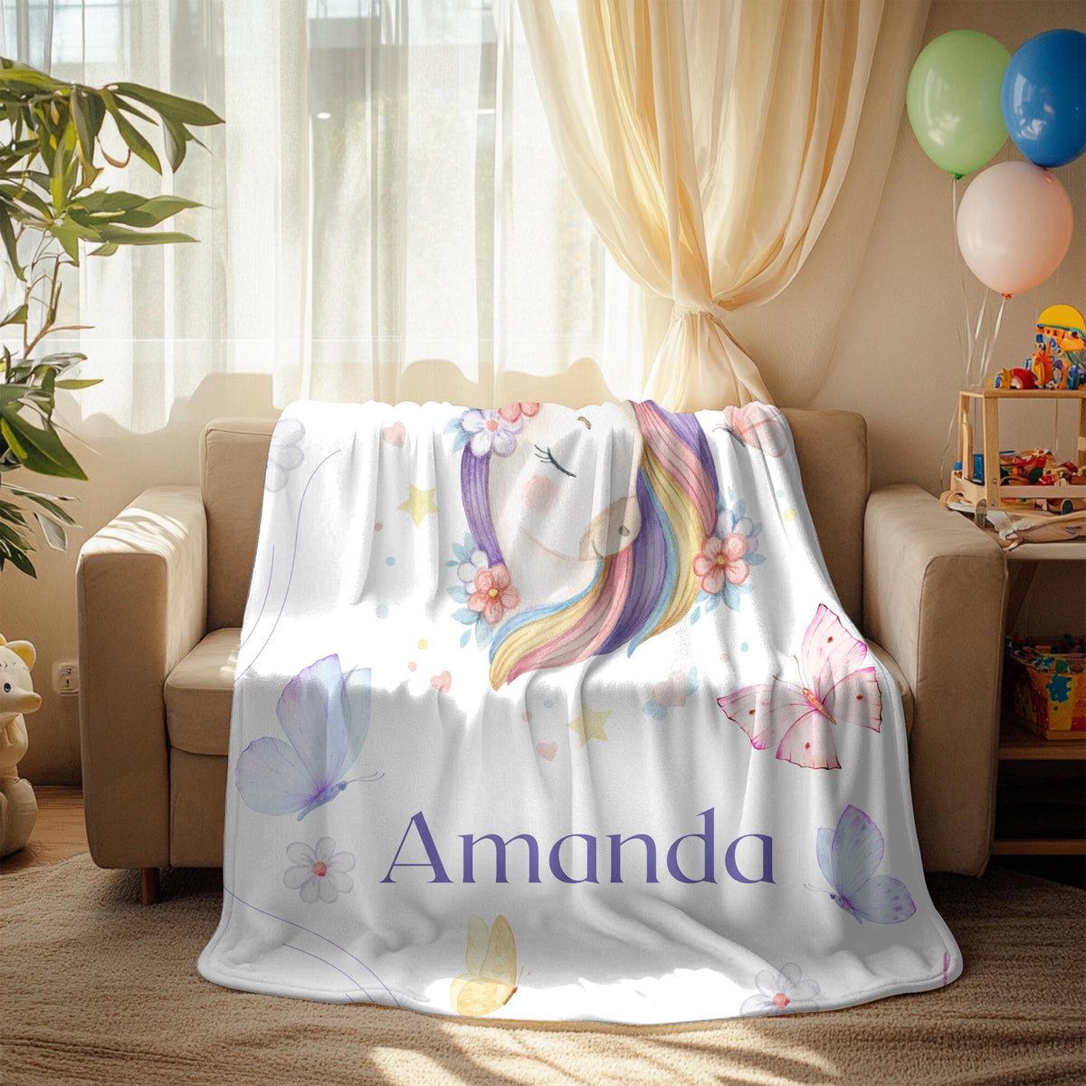 Custom Unicorn Throw Blanket, Monogram Blanket for Girls, Gift for Daughter, Niece, Butterfly Lover Present, Initial Letter F