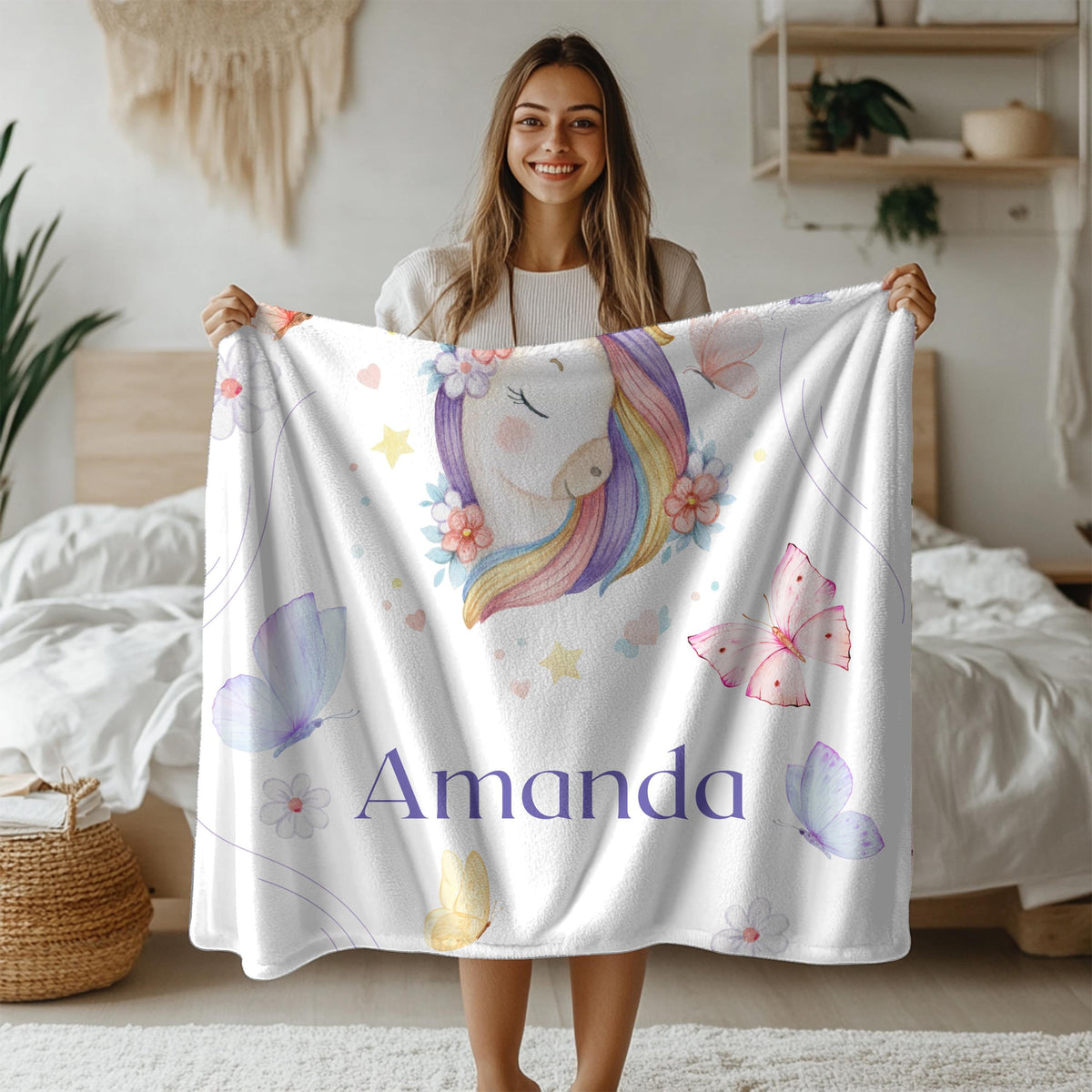 Custom Unicorn Throw Blanket, Monogram Blanket for Girls, Gift for Daughter, Niece, Butterfly Lover Present, Initial Letter F