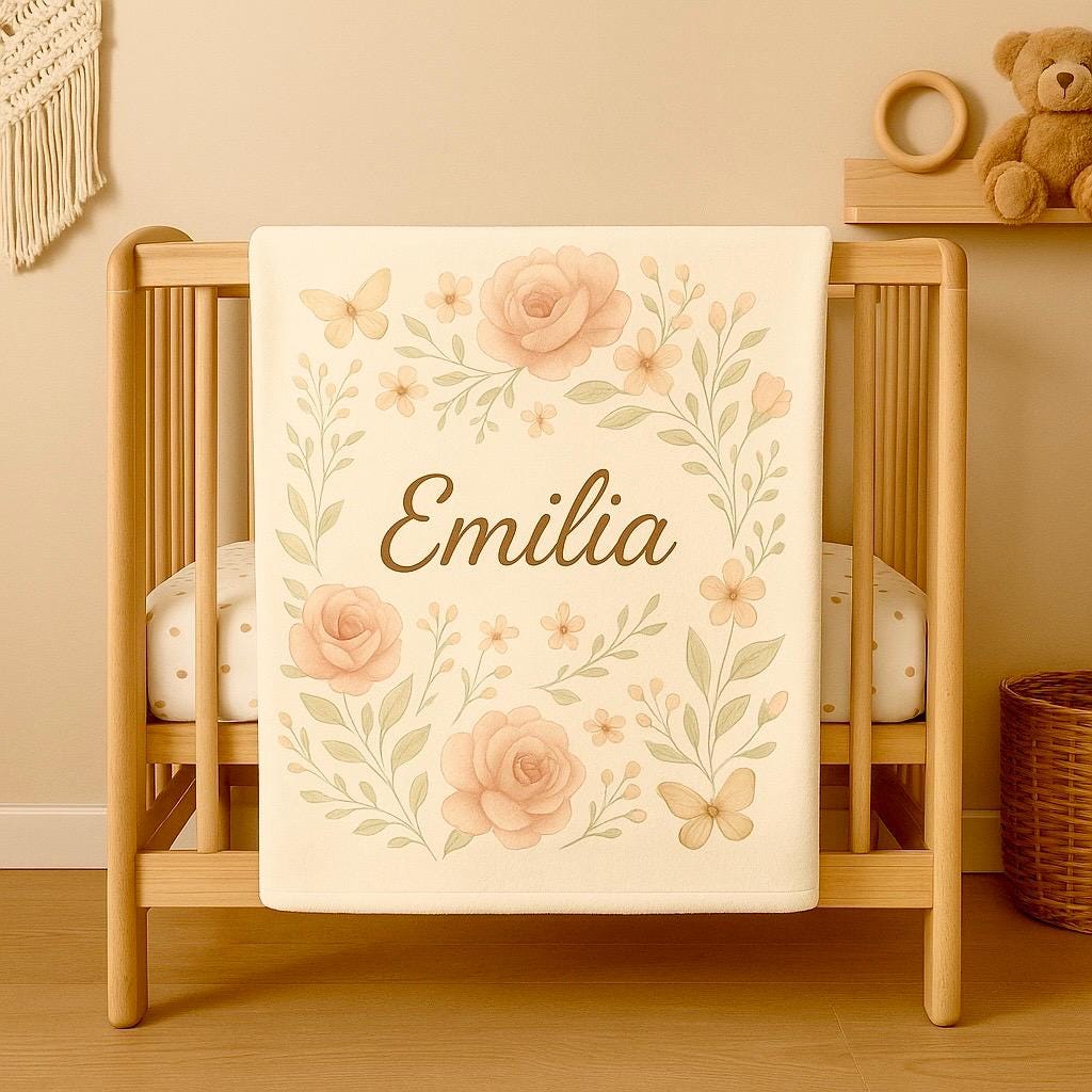 Personalized Baby Girl Minky Blanket – Custom Name Boho Floral Blanket for Nursery or Gift