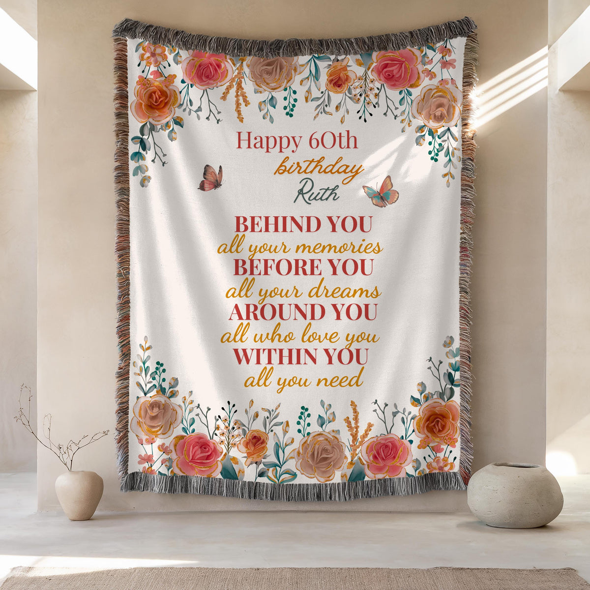 Personalized 60th Birthday Throw Blanket: Floral Name Gift for Grandma