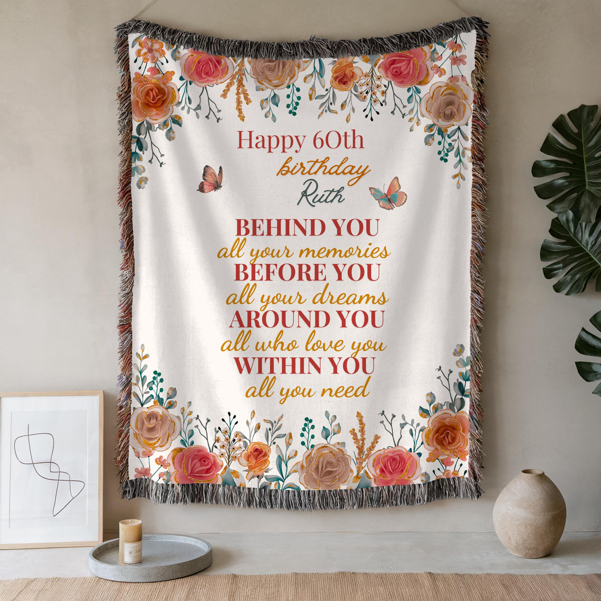 Personalized 60th Birthday Throw Blanket: Floral Name Gift for Grandma
