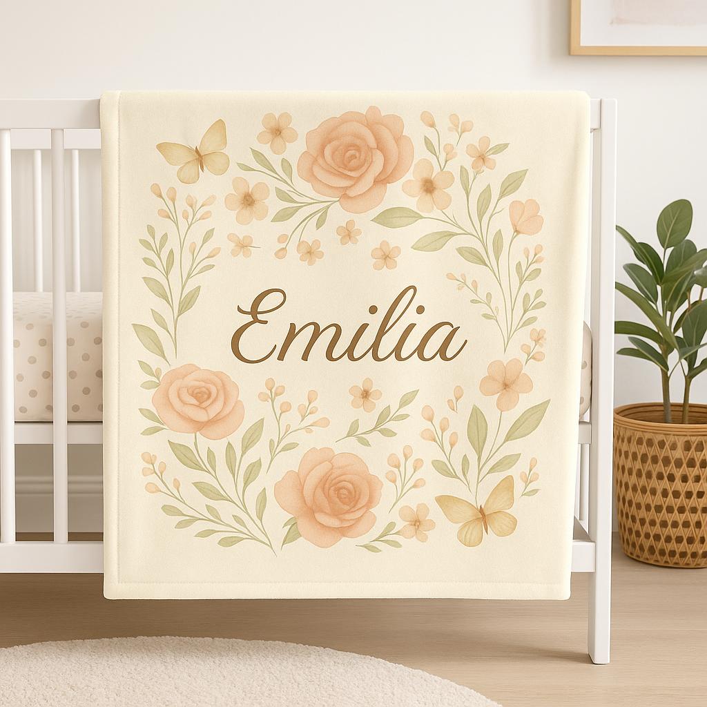 Personalized Baby Girl Minky Blanket – Custom Name Boho Floral Blanket for Nursery or Gift