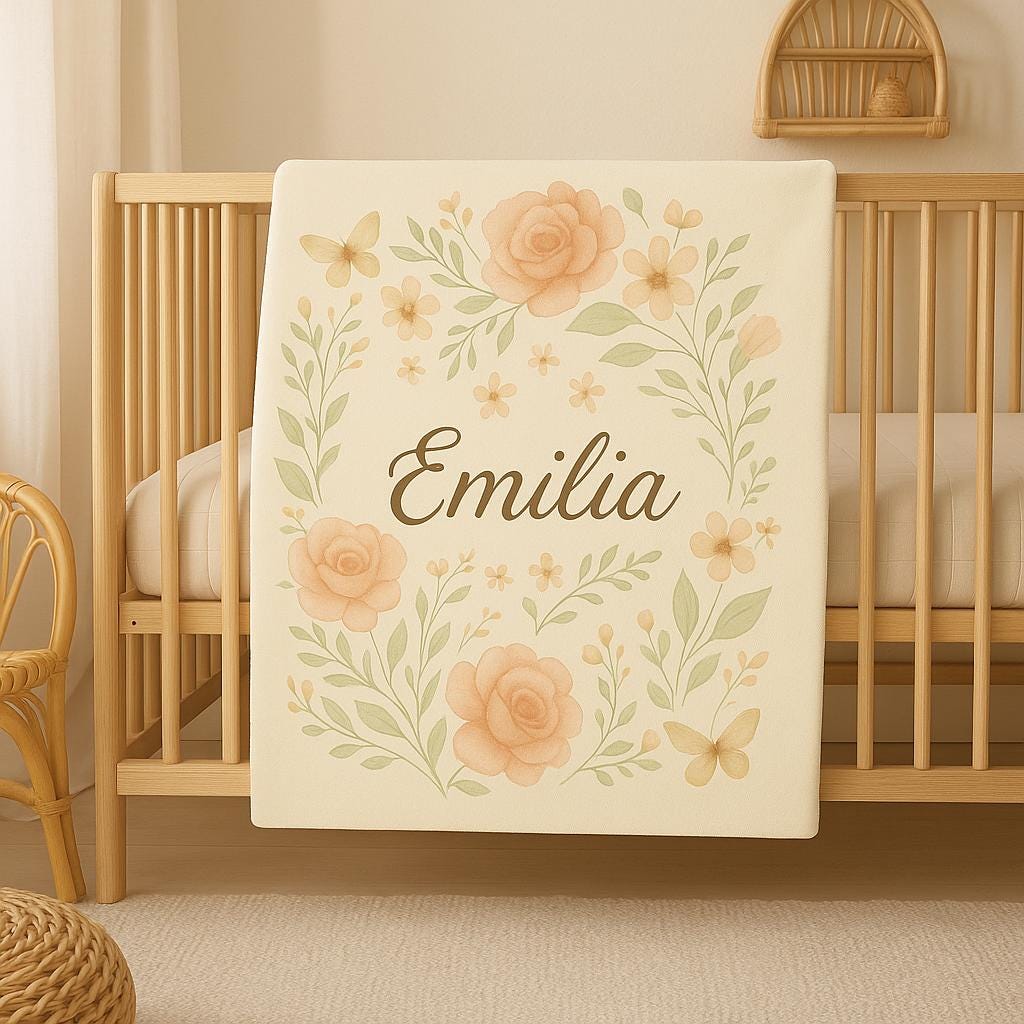 Personalized Baby Girl Minky Blanket – Custom Name Boho Floral Blanket for Nursery or Gift