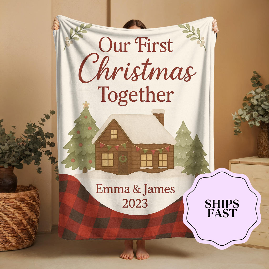 Personalized First Christmas Blanket: Cabin Holiday Throw, Newlywed Gift