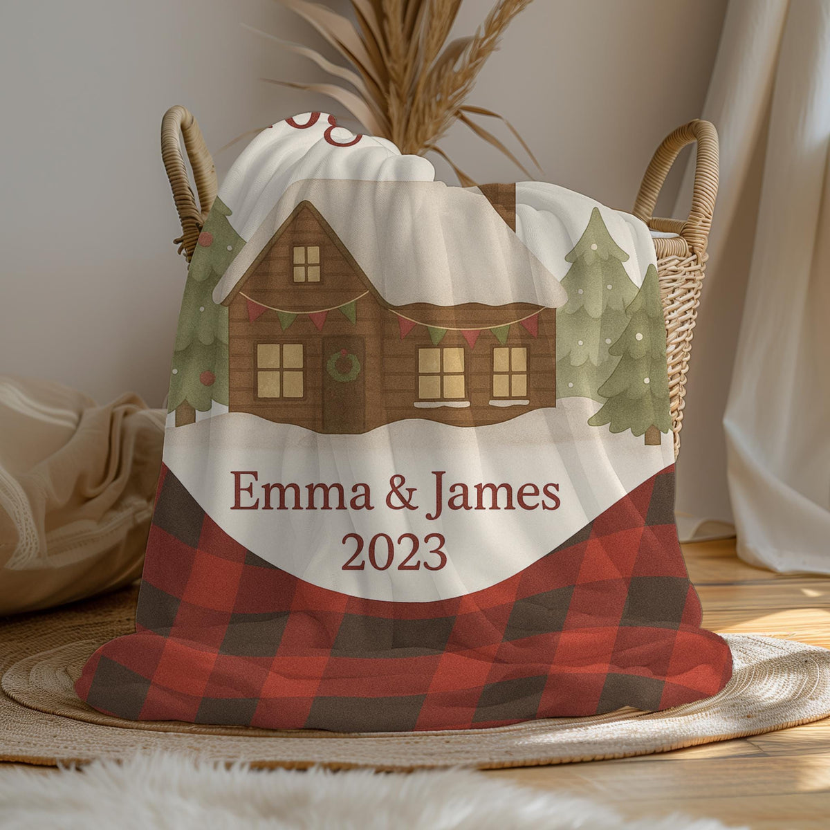 Personalized First Christmas Blanket: Cabin Holiday Throw, Newlywed Gift