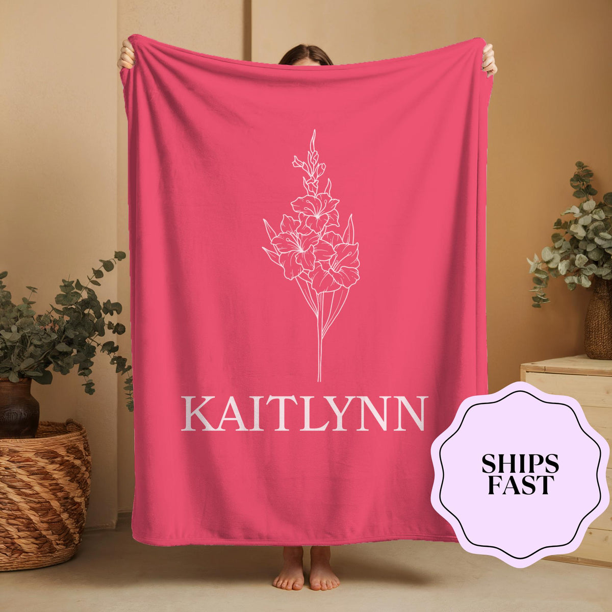 Personalized Carnation Birth Flower Blanket: Custom Name Floral Throw