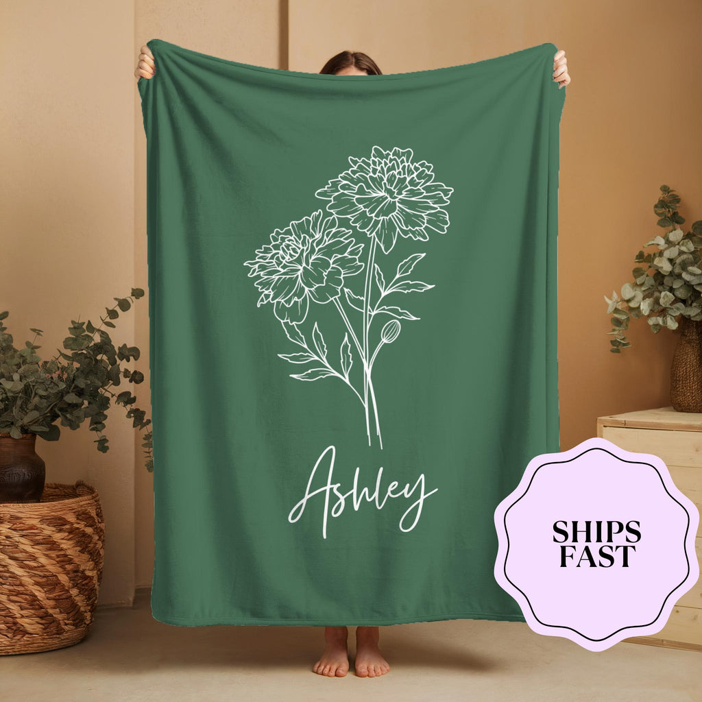 Personalized Carnation Birth Flower Blanket: Custom Name Floral Throw