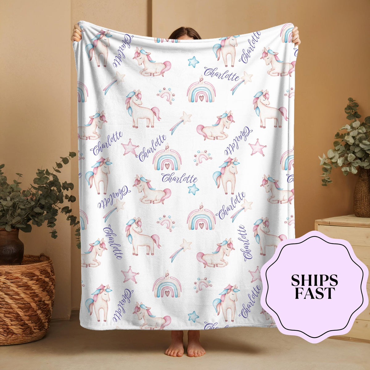 Personalized Unicorn Blanket: Rainbow Name Blanket, Magical Gift