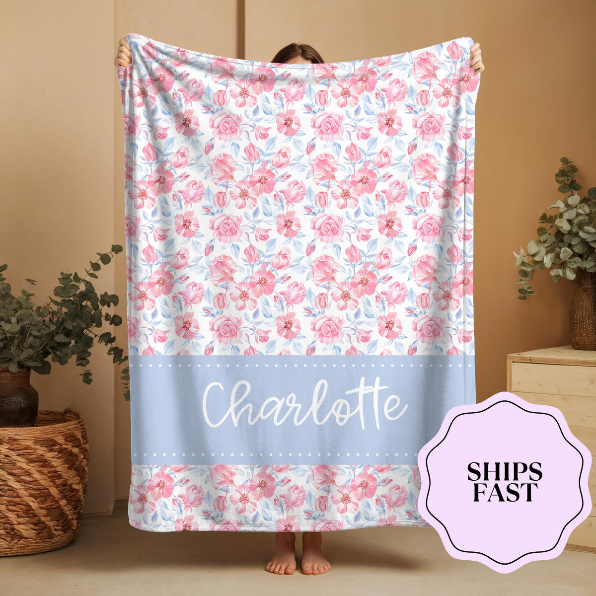 Personalized Floral Throw Blanket: Custom Name, Soft Cozy Gift