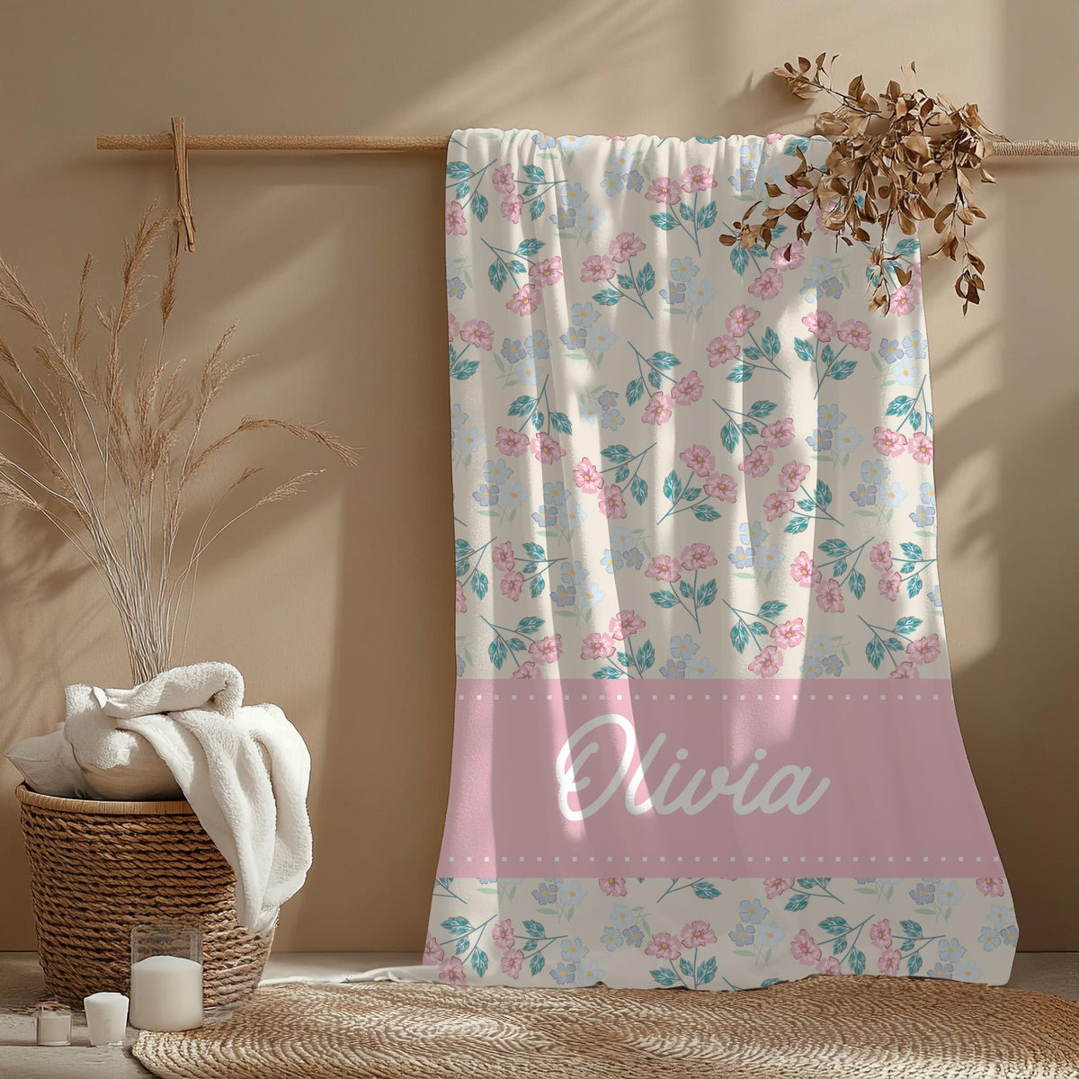 Custom Name Blanket for Girls – Coquette Floral Throw with Pink Border, Cottagecore Baby Shower Gift, Personalized Blanket fo