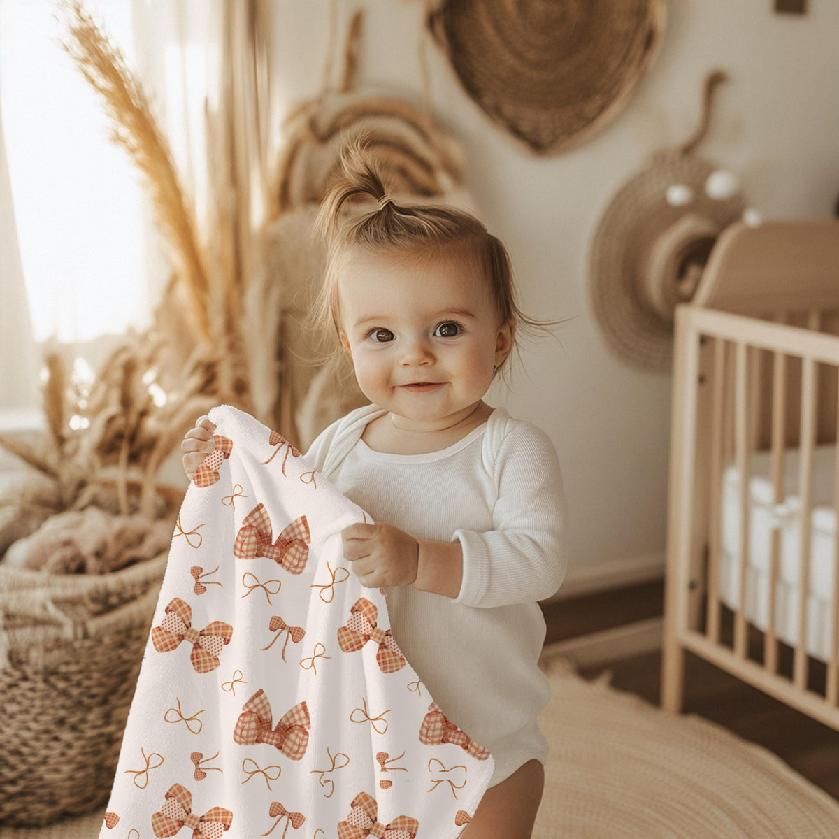 Personalized Baby Blanket: Rust Gingham Bows, Custom Name Fleece