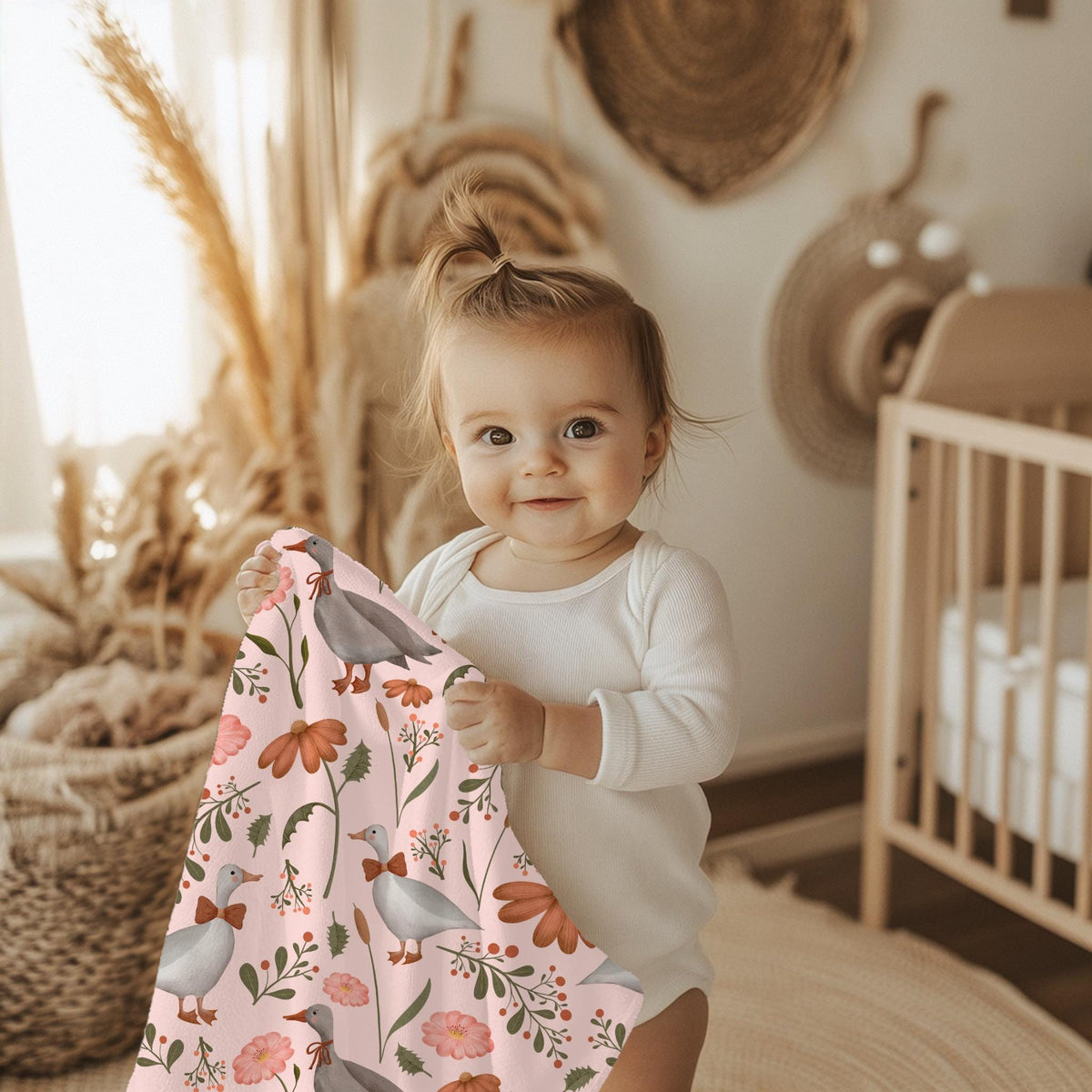 Personalized Goose Baby Blanket: Floral Cottagecore Nursery Throw