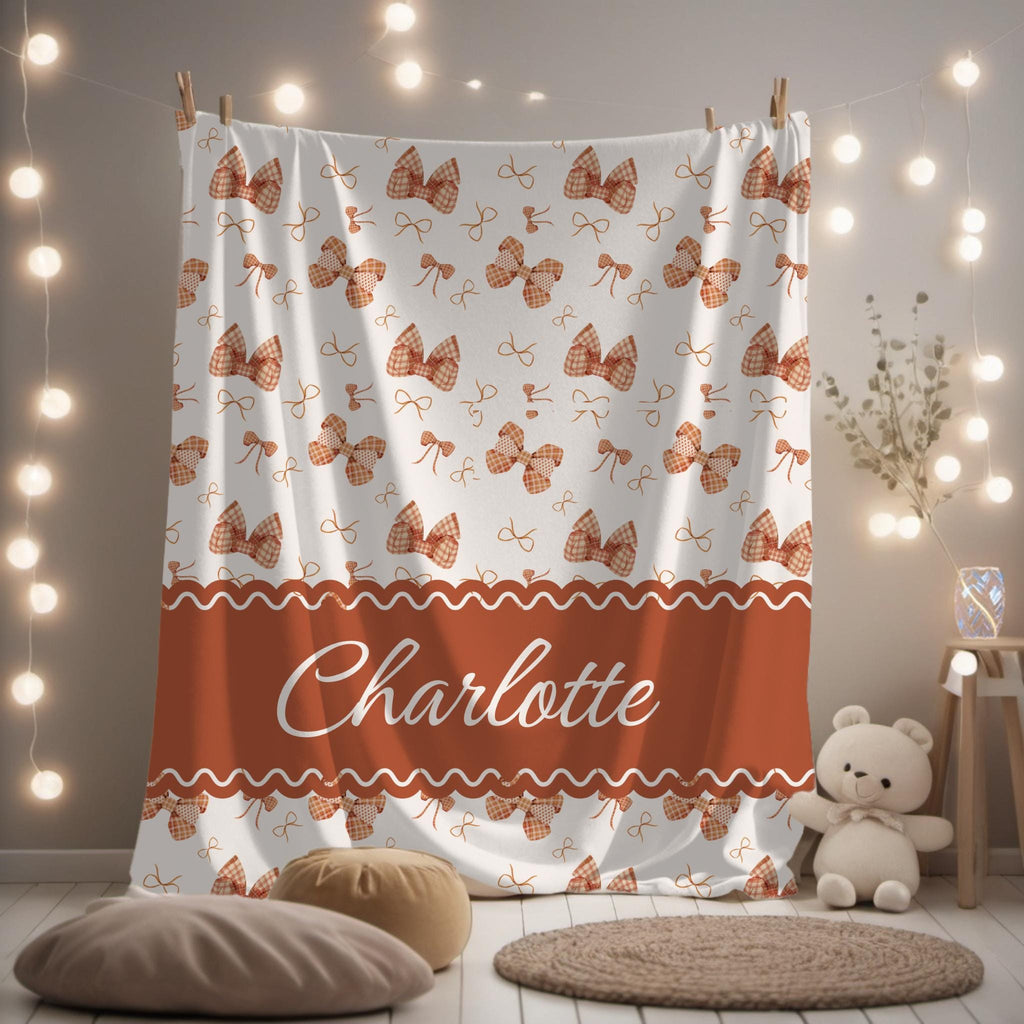 Personalized Baby Blanket: Rust Gingham Bows, Custom Name Fleece