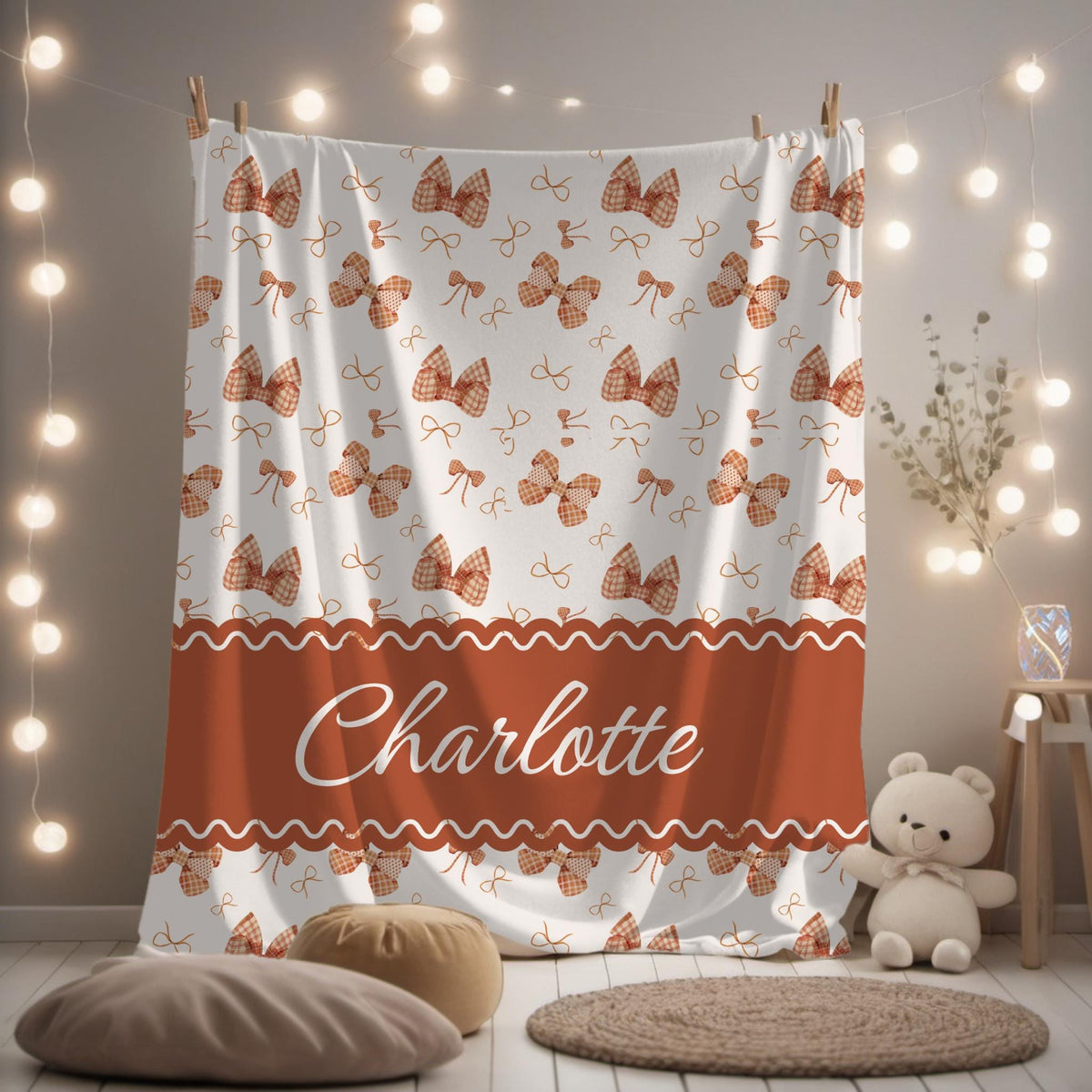Personalized Baby Blanket: Rust Gingham Bows, Custom Name Fleece
