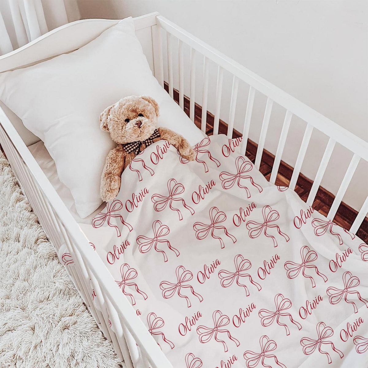 Personalized Baby Girl Blanket: Red Bow Coquette Nursery Decor