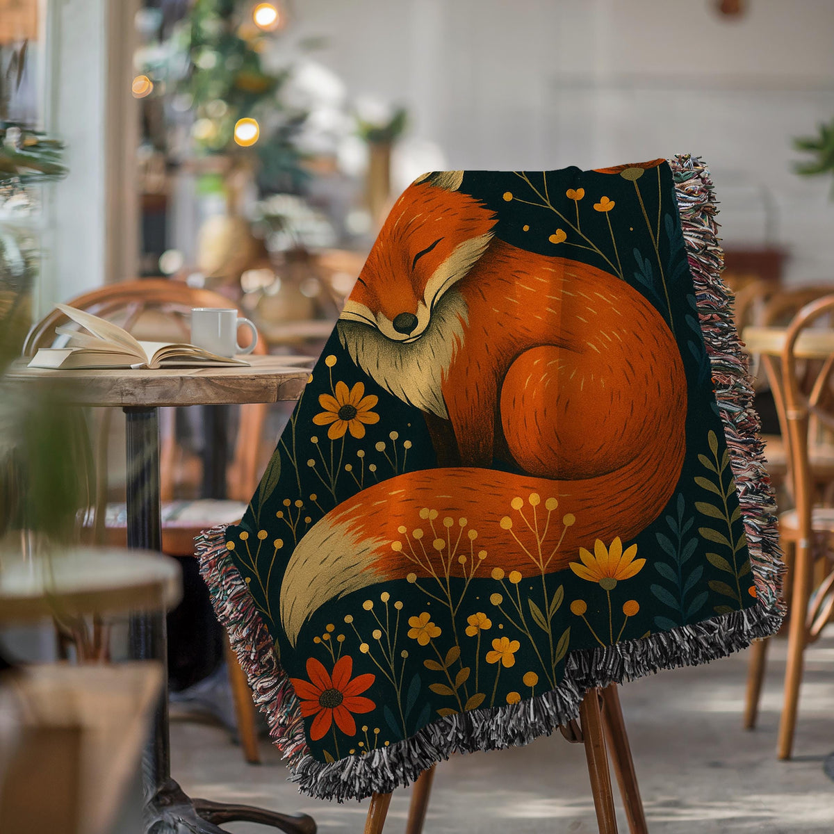 Enchanted Fox Forest Blanket – Cozy Woven Throw with Moon & Wildflowers, Boho Woodland Animal Gift