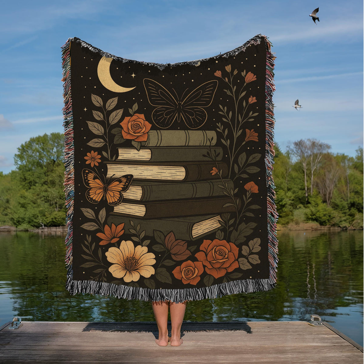 Dark Academia Book Blanket: Woven Cotton Throw with Butterfly & Moon