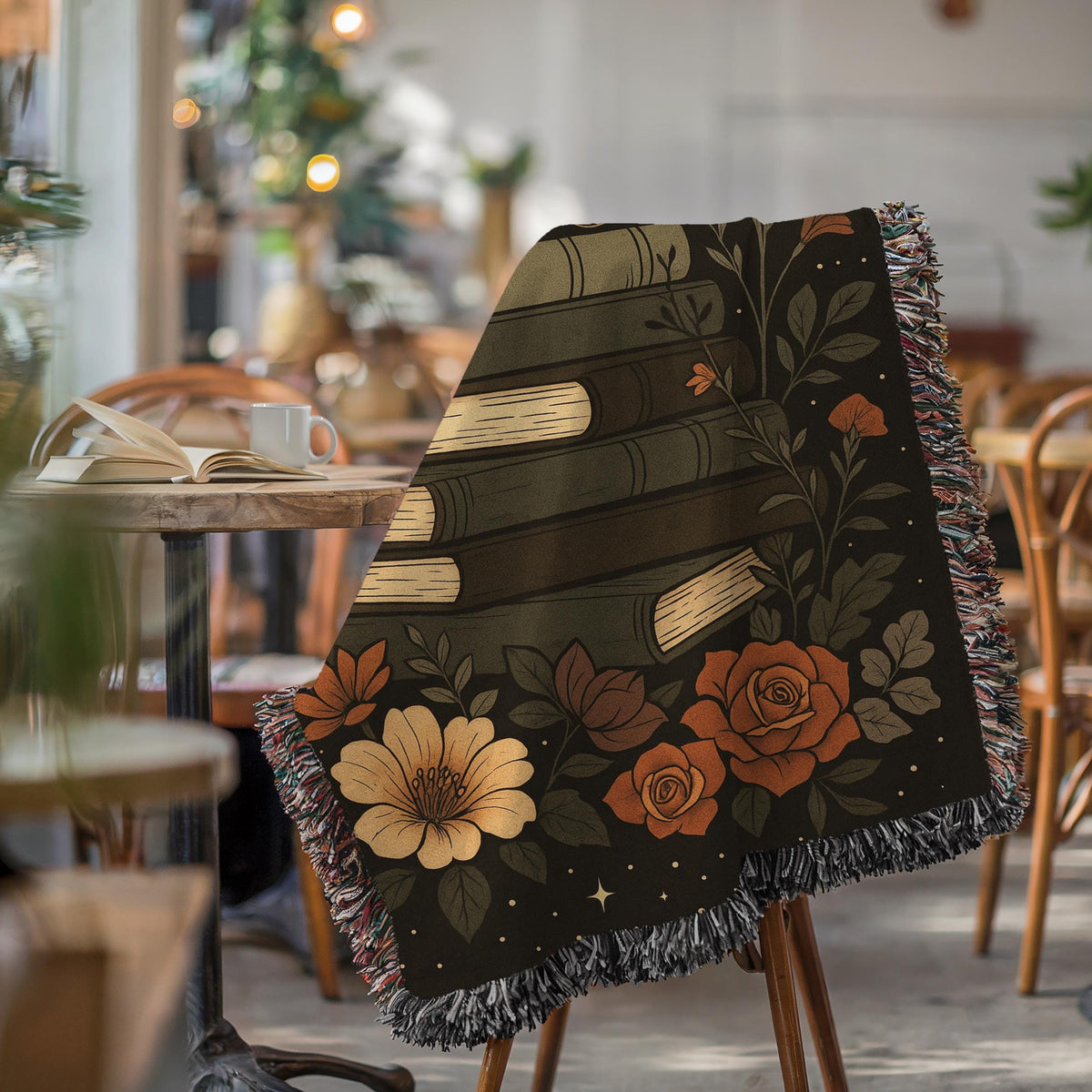 Dark Academia Book Blanket: Woven Cotton Throw with Butterfly & Moon
