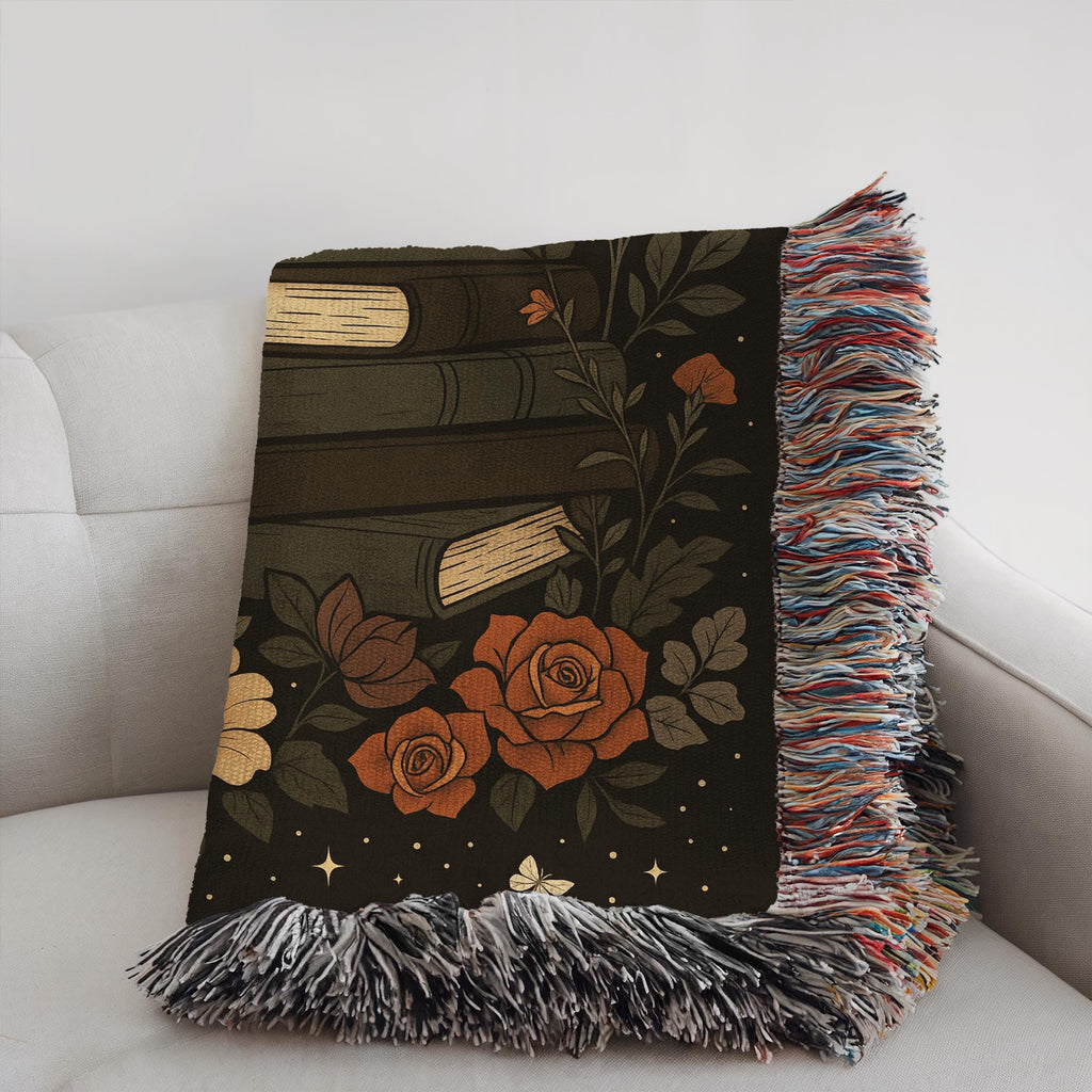 Dark Academia Book Blanket: Woven Cotton Throw with Butterfly & Moon