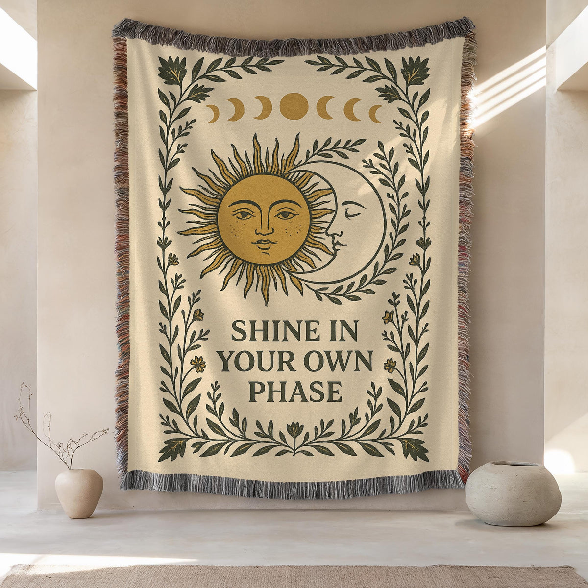 Celestial Woven Blanket: Sun & Moon Boho Tapestry Throw