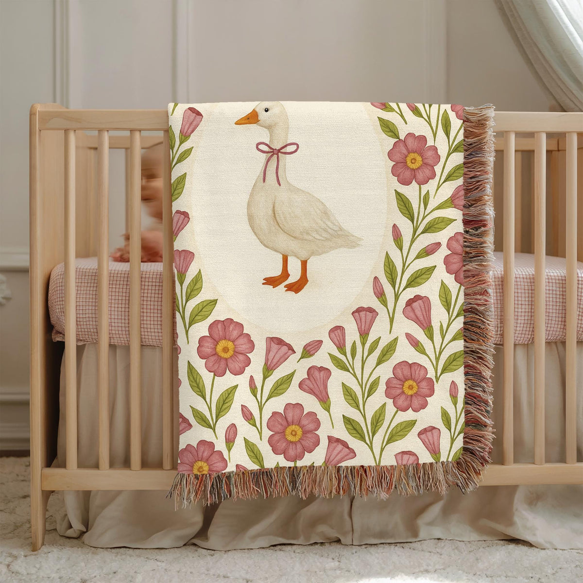 Cottagecore Goose Baby Blanket: Floral Woven Nursery Throw