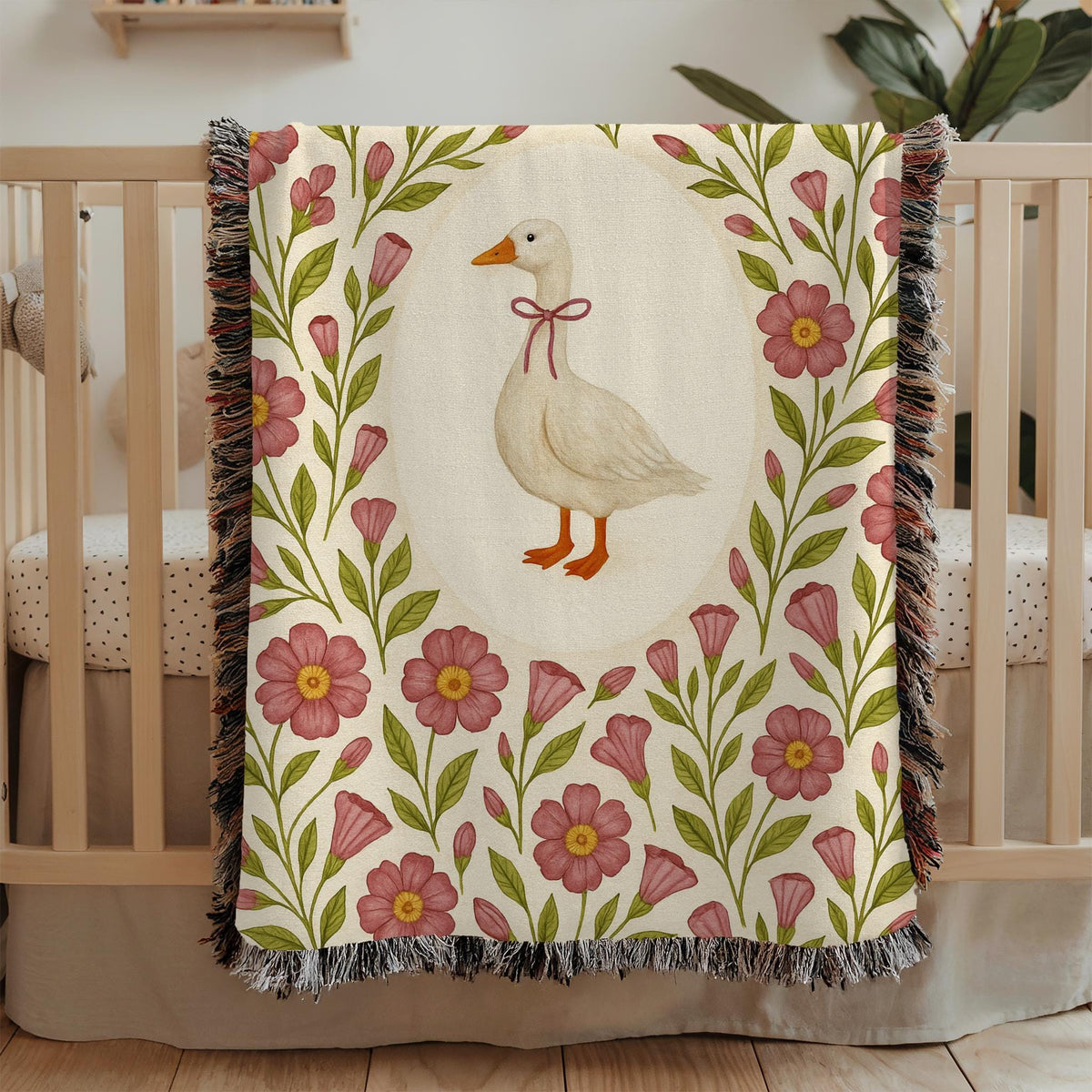 Cottagecore Goose Baby Blanket: Floral Woven Nursery Throw