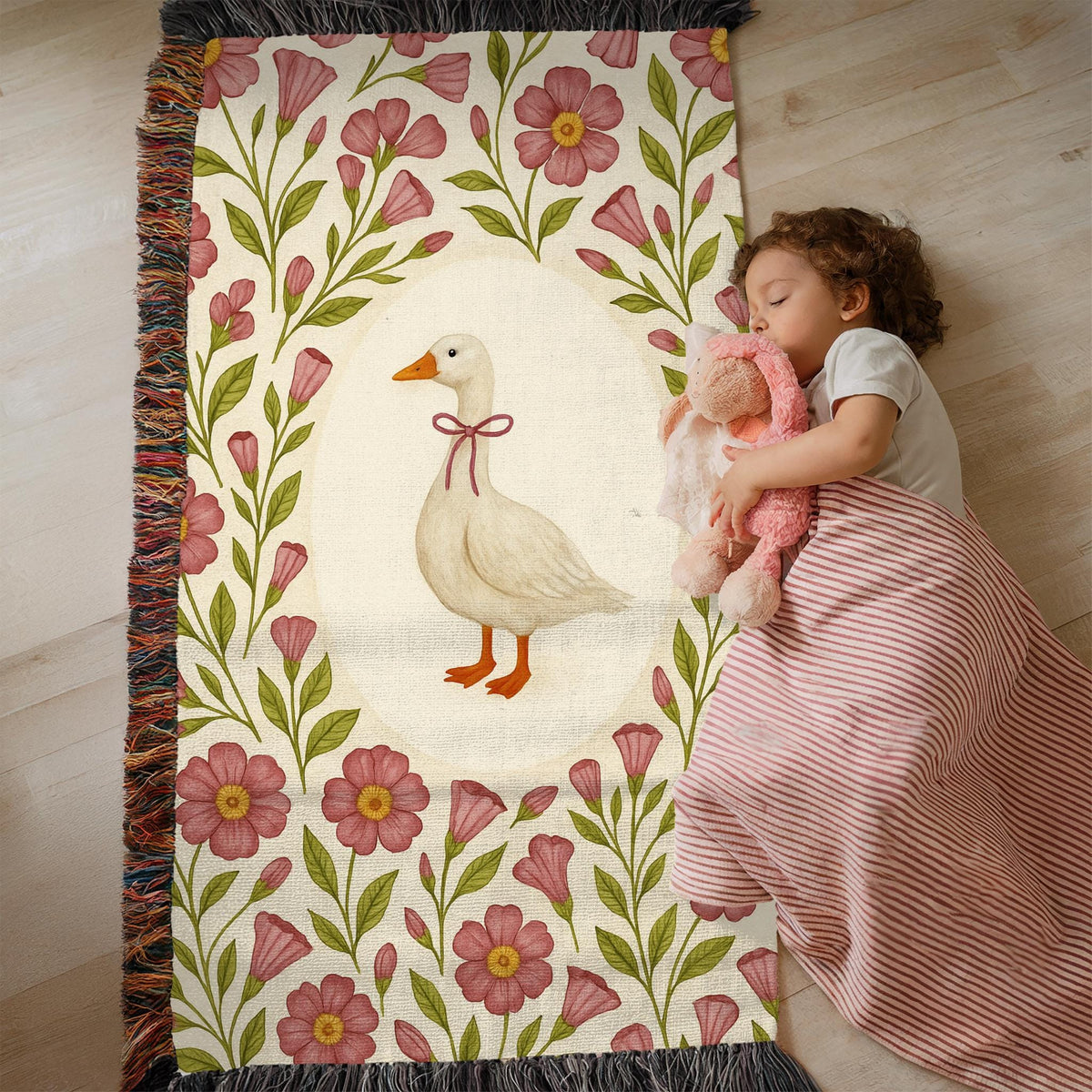 Cottagecore Goose Baby Blanket: Floral Woven Nursery Throw