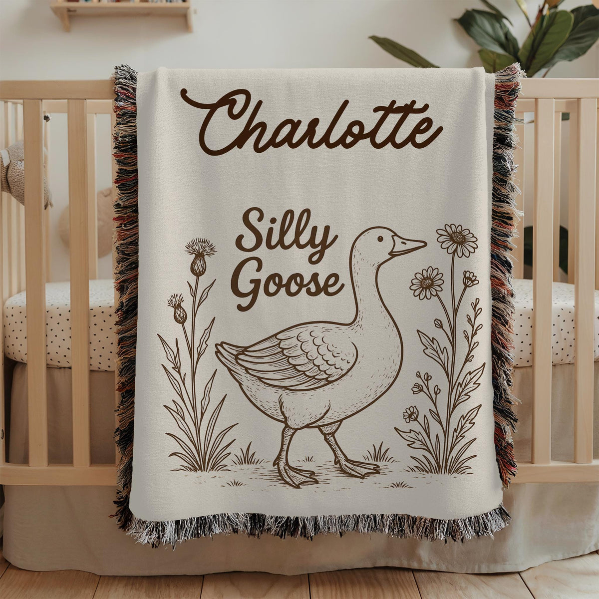 Personalized Goose Baby Blanket: Woven Cotton Crib Blanket, Cottagecore Nursery