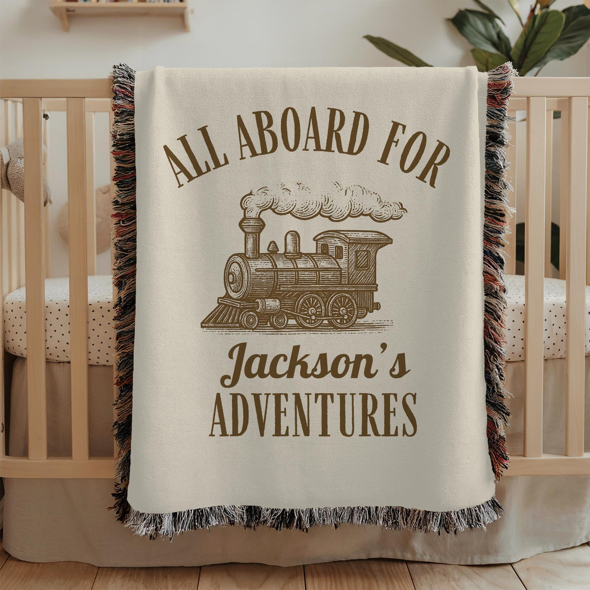 Personalized Vintage Train Baby Blanket: Woven Cotton Nursery Decor