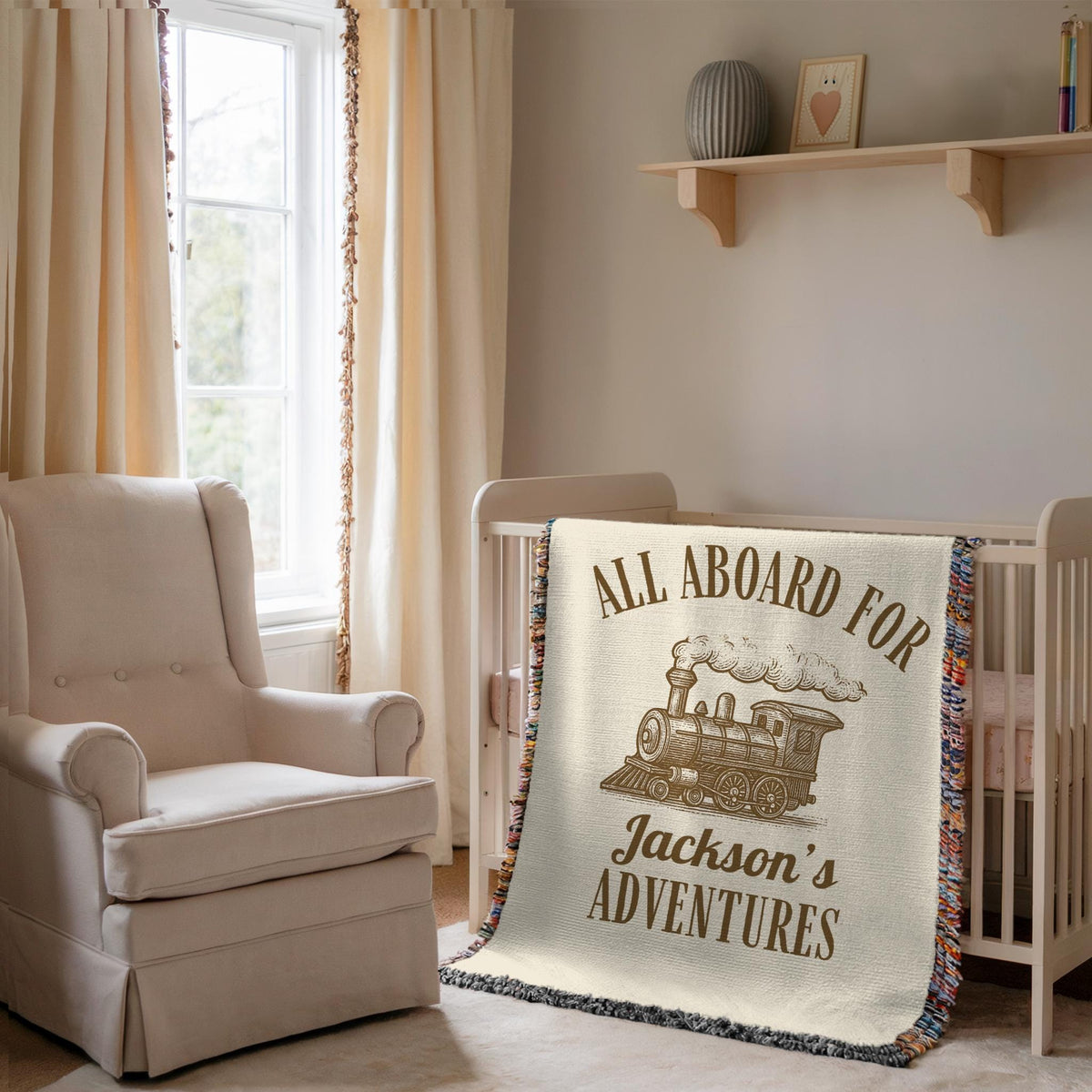 Personalized Vintage Train Baby Blanket: Woven Cotton Nursery Decor