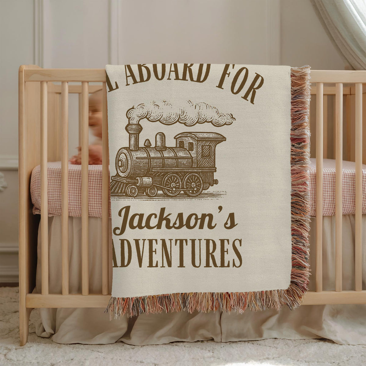 Personalized Vintage Train Baby Blanket: Woven Cotton Nursery Decor