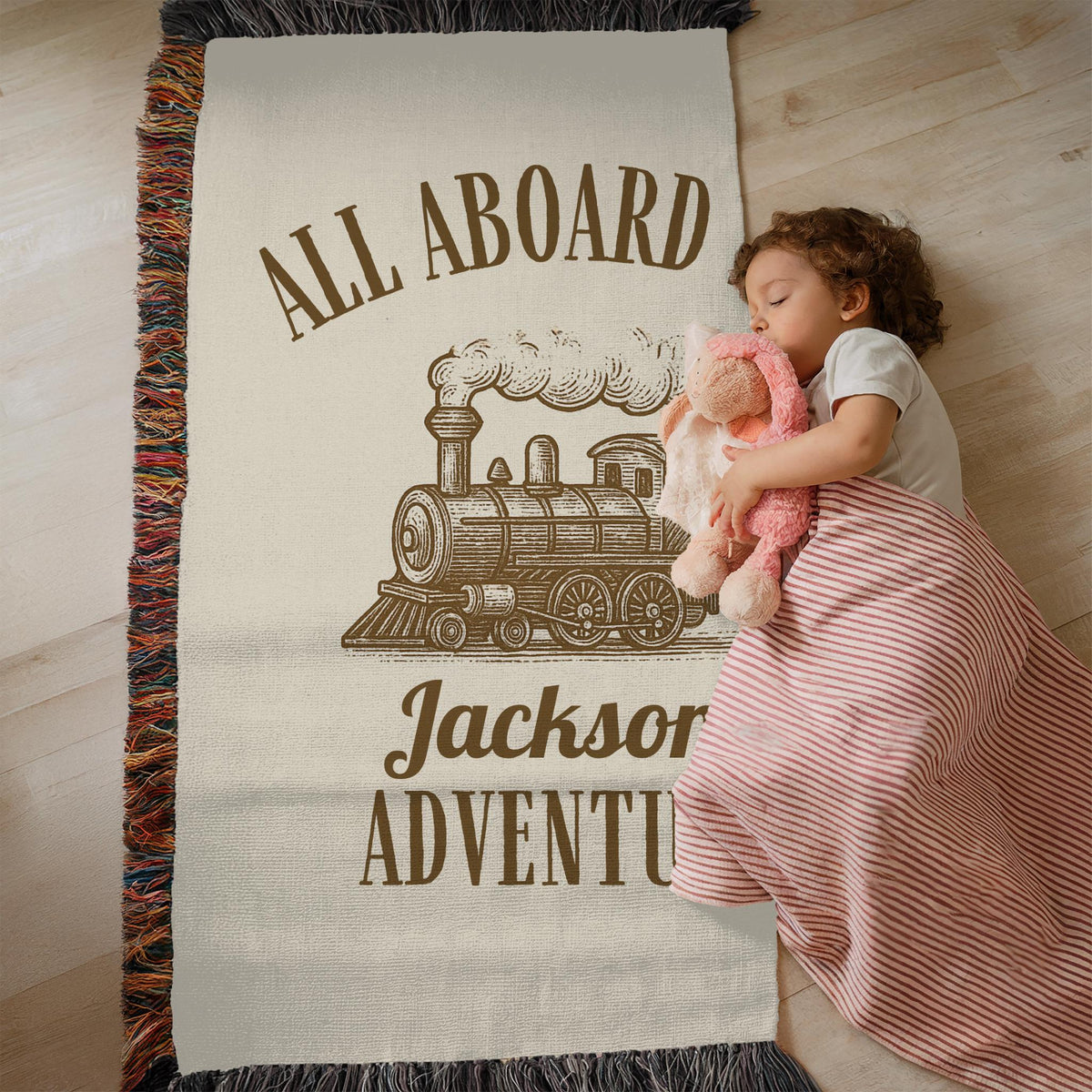 Personalized Vintage Train Baby Blanket: Woven Cotton Nursery Decor