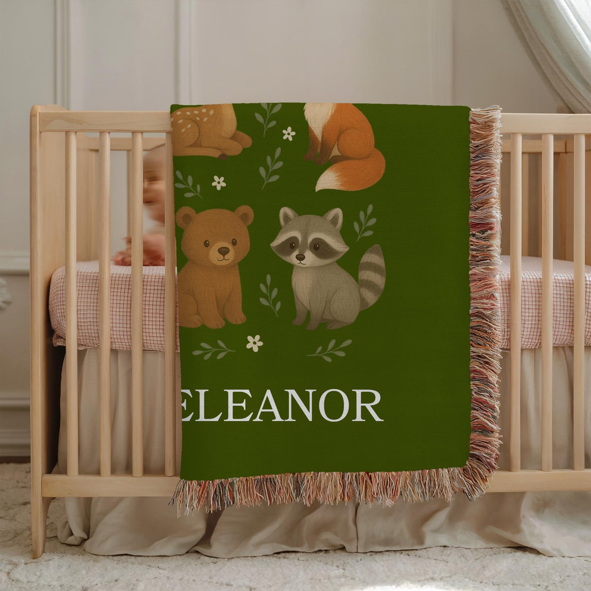 Personalized Woodland Animals Baby Blanket: Sage Green Nursery Decor