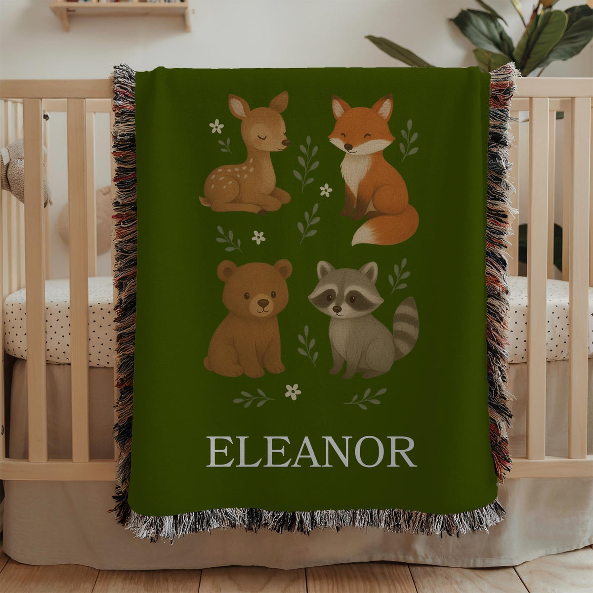 Personalized Woodland Animals Baby Blanket: Sage Green Nursery Decor