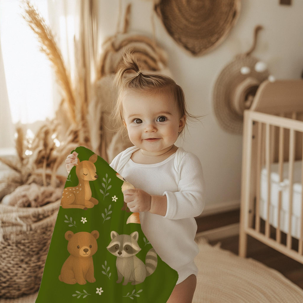Personalized Woodland Animals Baby Blanket: Sage Green Nursery Decor