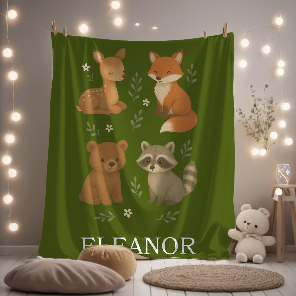 Personalized Woodland Animals Baby Blanket: Sage Green Nursery Decor