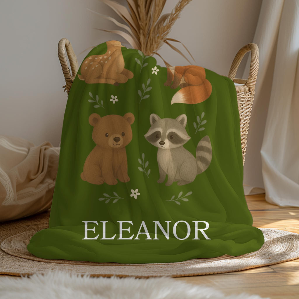 Personalized Woodland Animals Baby Blanket: Sage Green Nursery Decor