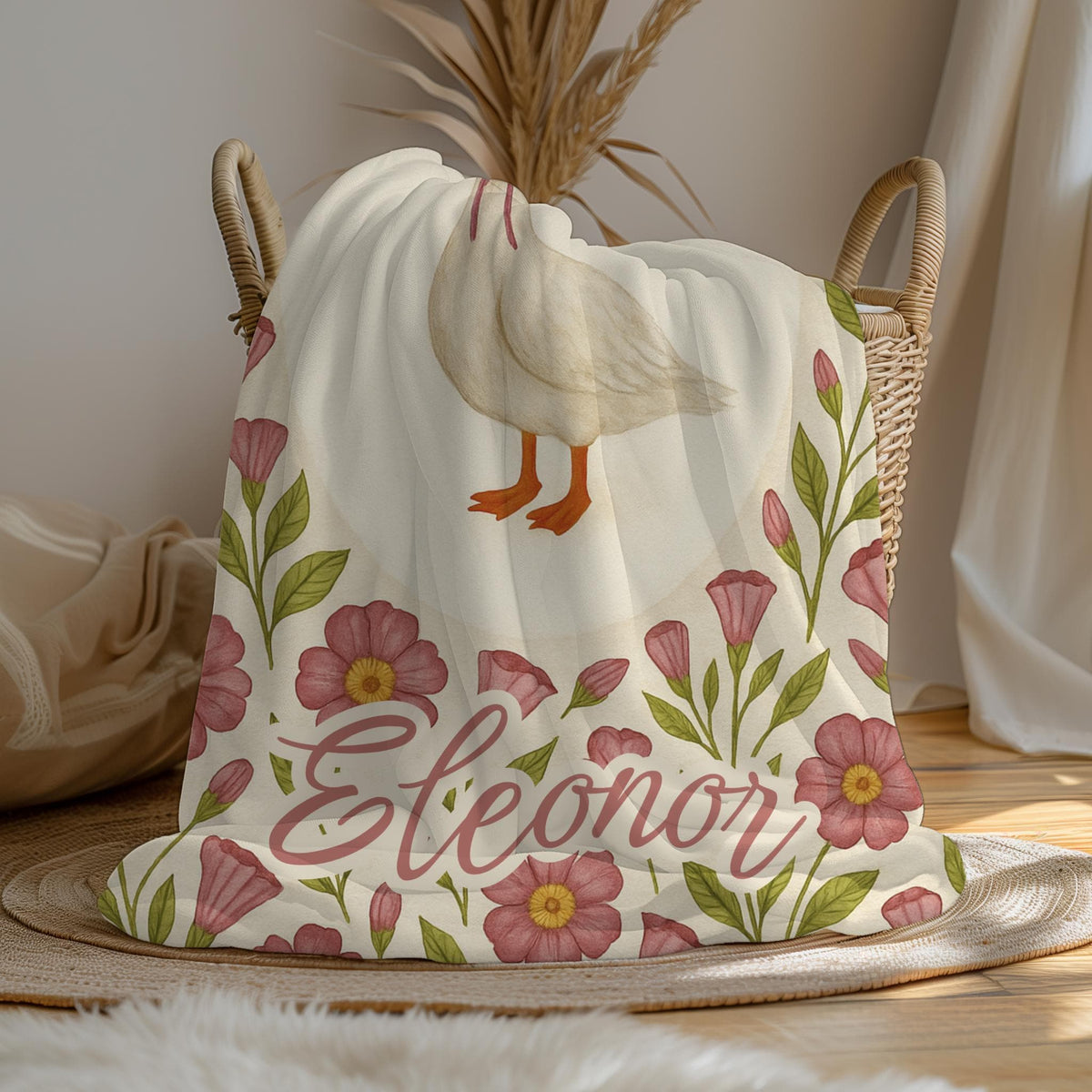 Personalized Baby Girl Fleece Blanket: Goose & Floral Nursery Decor