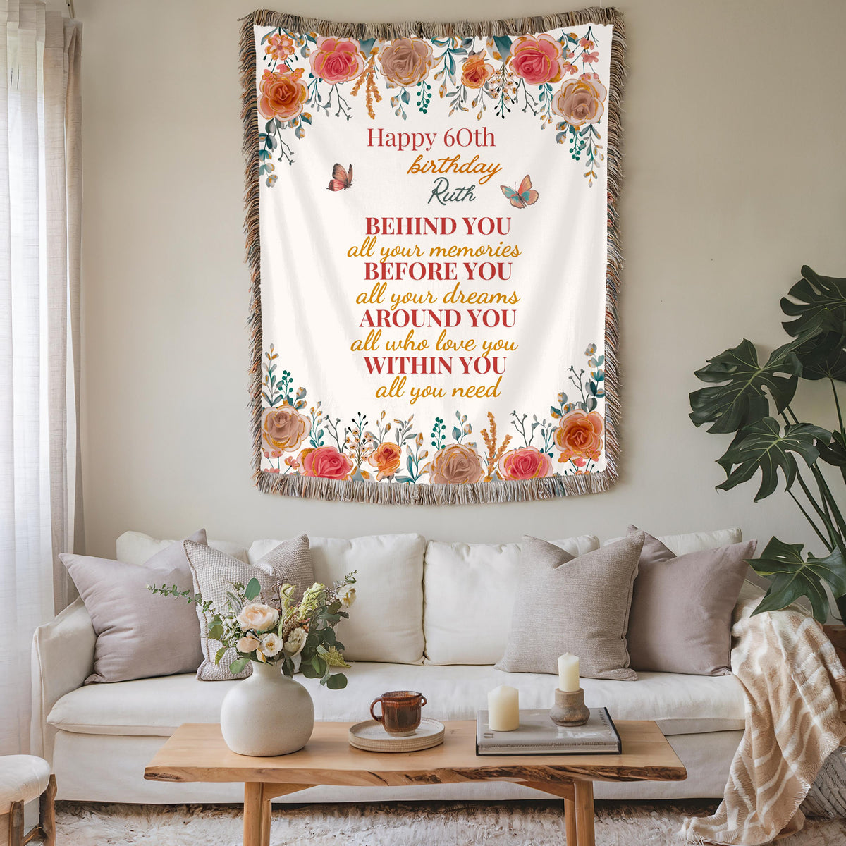 Personalized 60th Birthday Throw Blanket: Floral Name Gift for Grandma