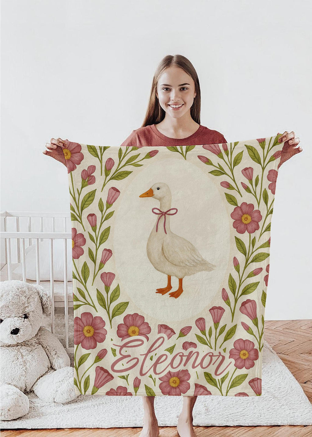 Personalized Baby Girl Fleece Blanket: Goose & Floral Nursery Decor