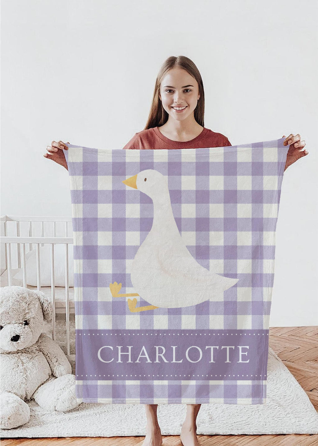 Personalized Goose Baby Blanket: Gingham Nursery Decor, Custom Name