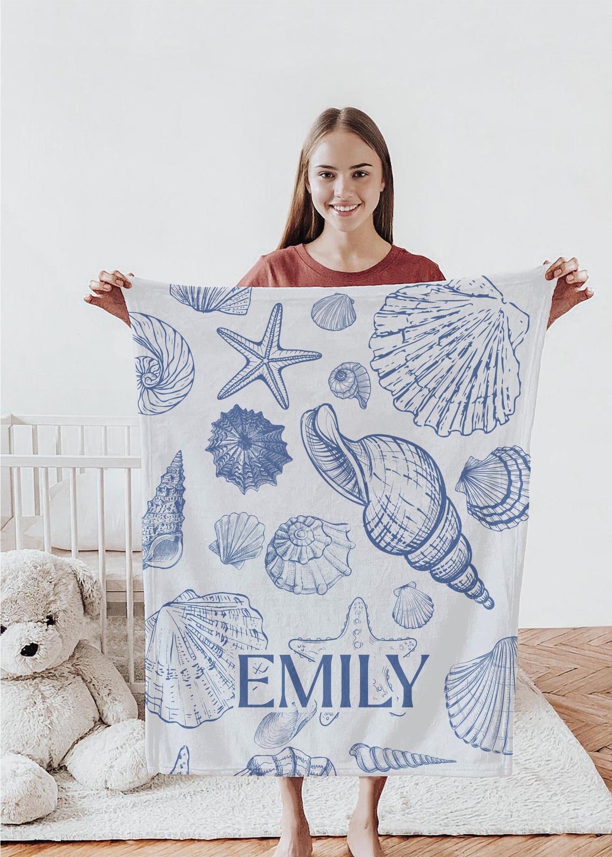 Personalized Seashell Baby Blanket – Coastal Ocean Nursery Gift for Girls