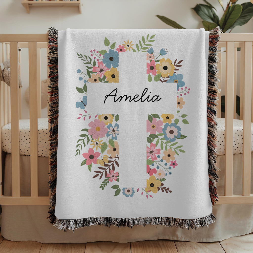 Personalized Floral Cross Baby Blanket: Woven Christening Gift